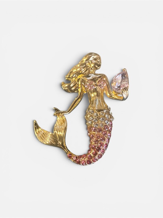 Jewelry - Gold-Tone Pink Crystal Mermaid Brooch